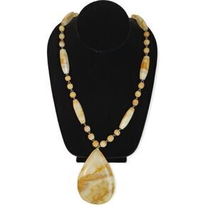 Vintage Necklace Tear Drop Pendant Large Brown White Onyx Marble Stone Beads